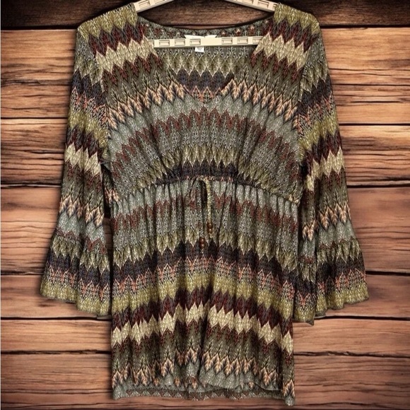 Boston Proper Blouse Sz XL V-Neck Multicolor Zig-Zag Indie Boho Cinch Bust EUC - Picture 1 of 13